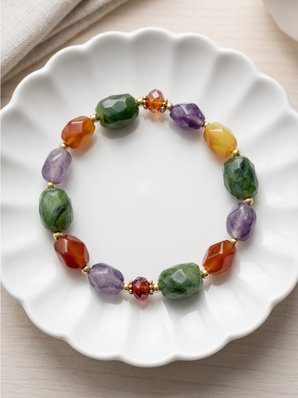 Multicolor Gemstone-Look Beaded Stretch Bracelet | Purple Green Orange Yellow
